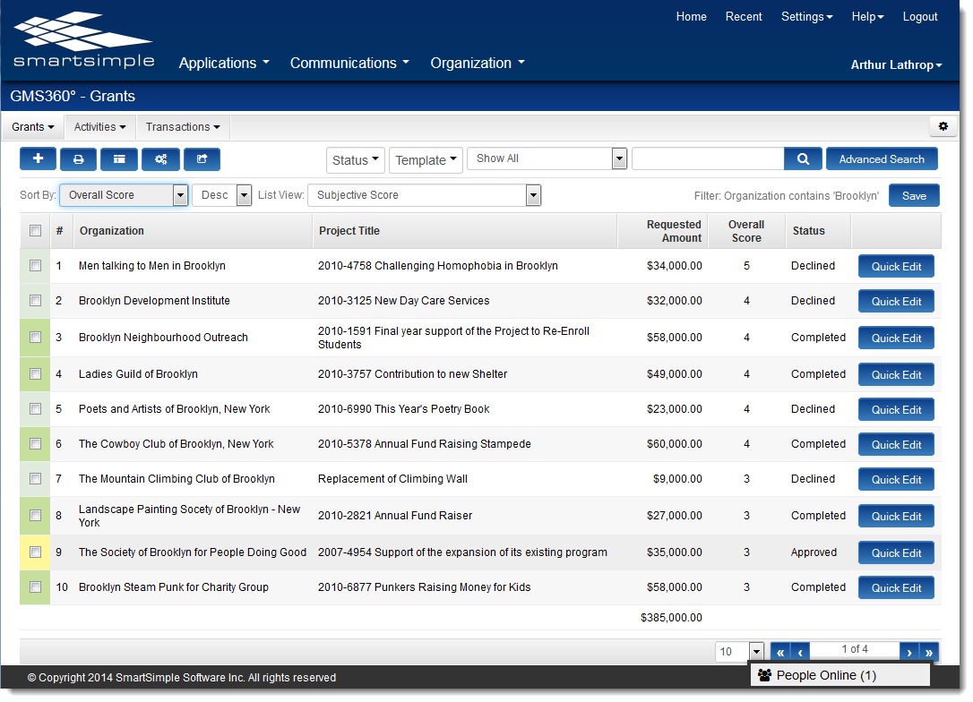 List View of Grants using Arcadia interface
