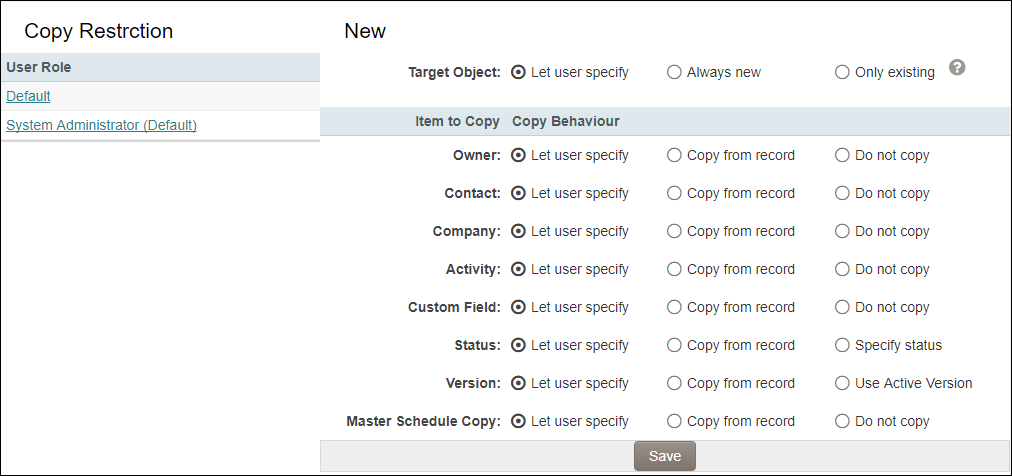 Copy Restriction settings page.
